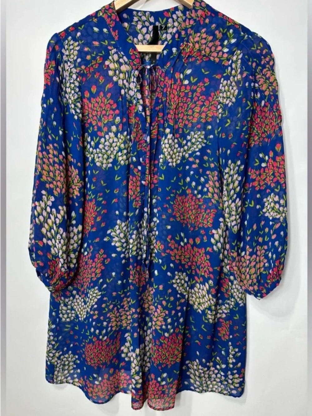 Bellatrix Blue Floral Tie-Neck Long Sleeve Tunic